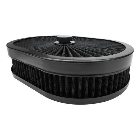PFEAF-300076B Proflow Air Filter Assembly Flow Top Oval Black 12in. x 9in. x 3in. Suit 5-1/8in. Flat Base - SS Racetech Rods & Customs