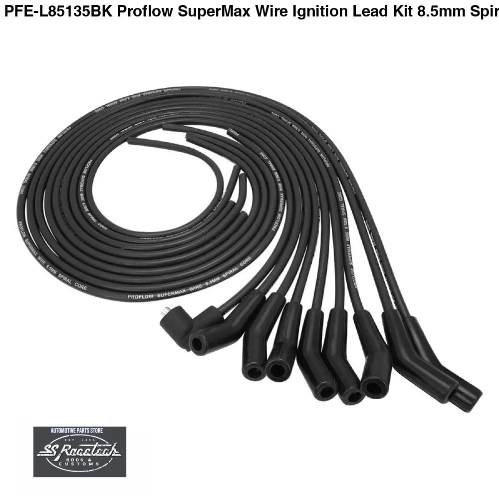 PFE-L85135BK Proflow SuperMax Wire, Ignition Lead Kit, 8.5mm Spiral Core, Black, 135 Deg Plug, Hei & Socket Cap, Universal, V8 with Separator Set - SS Racetech Rods & Customs