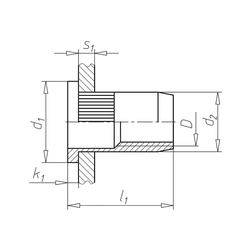 Rivet nut with flat head and knurled shank M6