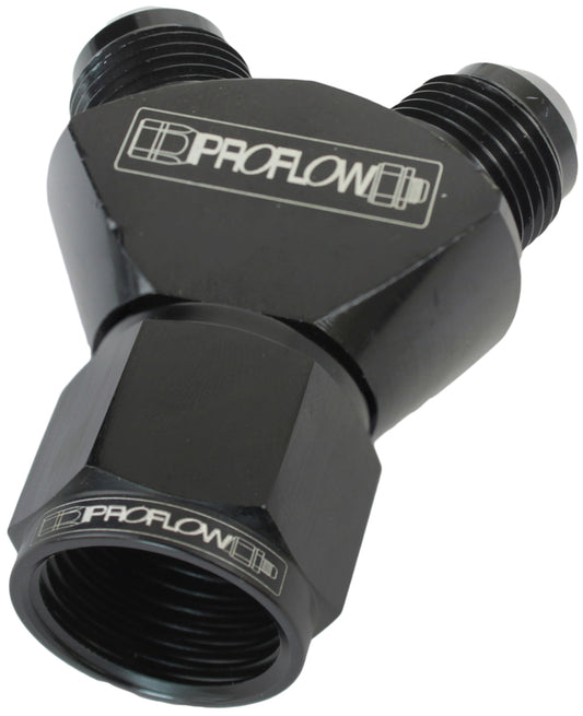 PFE931-08-06BK Proflow Y-Block -08AN Female Swivel To Dual -06AN Male, Black by SS Racetech Rods & Customs