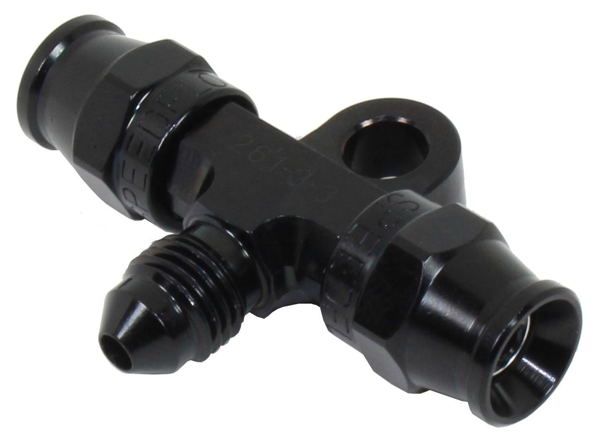 SS Racetech Rods & Customs -3 hose end tee fitting with bracket in black finish