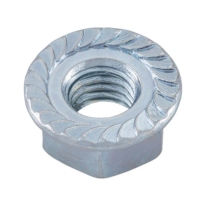M8 SERRATED LOCKING NUT WITH LOCKING TEETH STEEL STRENGTH CLASS 8, ZINC-PLATED, BLUE PASSIVATED (A2K)