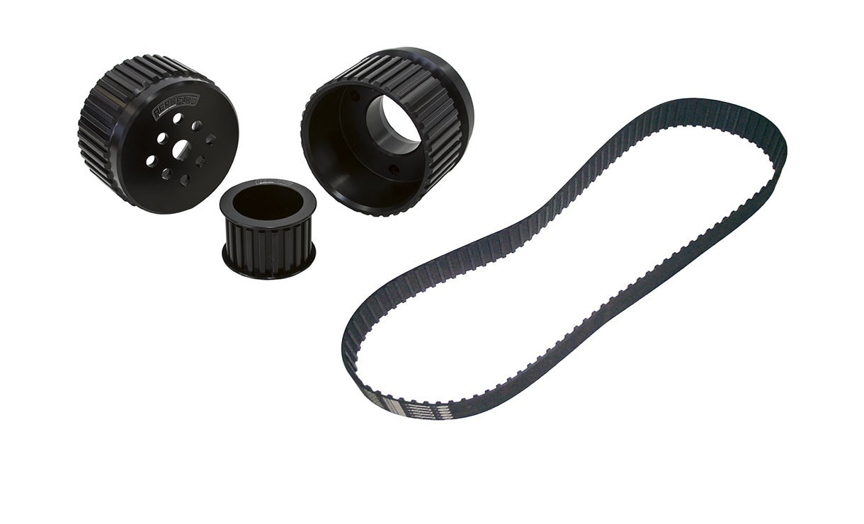 Black timing belt and pulleys on a white background