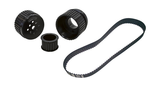 Black timing belt and pulleys on a white background