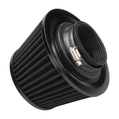 Black air filter with a shiny metal element on a white background