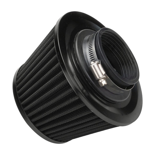 Black air filter with a shiny metal element on a white background