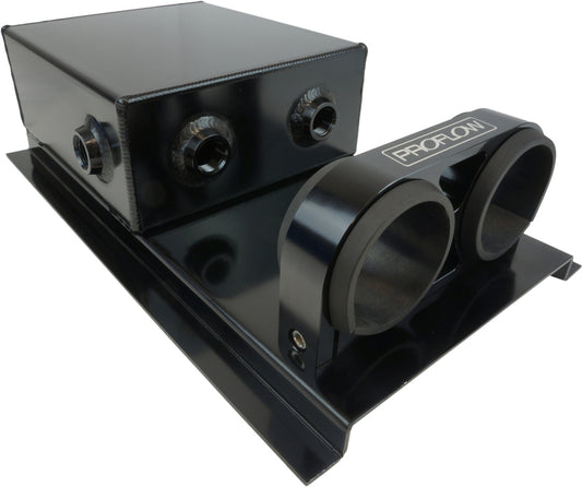 PFEST7BK Proflow Fuel Surge Tank Fabricated Aluminium, Square Slim, 044 Pump Mounts, 80mm x, 200mm x180mm, 2.5L, AN Fitting Kit, Black Powder Coat - SS Racetech Rods & Customs