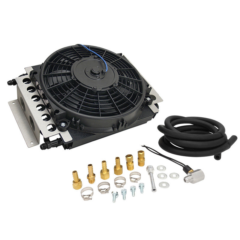 PFETC900 Proflow Transmission Cooler & Fan Kit, Duel Core Black Powder coat, 1 in x 11.50 in, Tube & Fin, 10in. Fan 650CFM, AN6 Inlet, Outlet