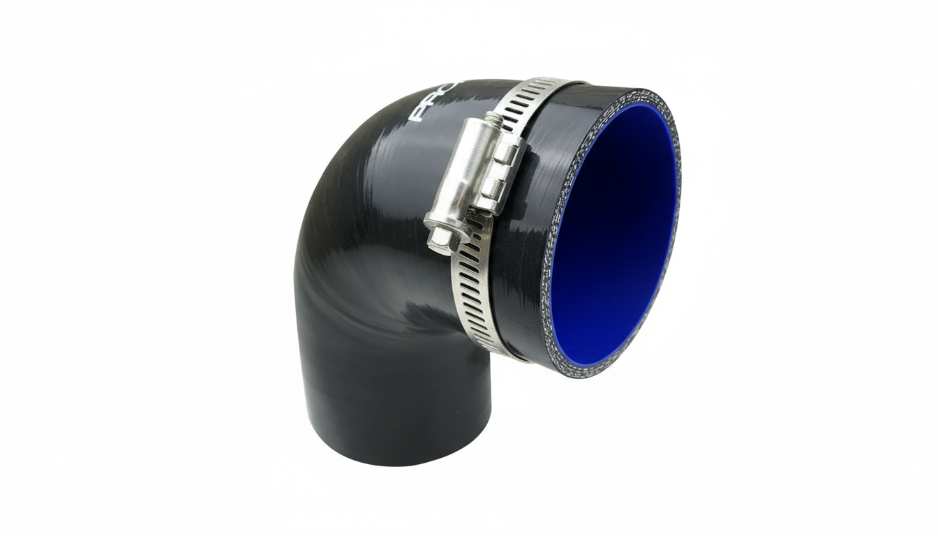 Black rubber hose with blue interior and metal clamp on a white background
