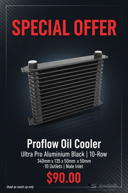Proflow Oil Cooler, Ultra Pro Aluminium Black, 10-Row, 340mm x 135mm x 50mm MALE AN10 lnlet/Outlet