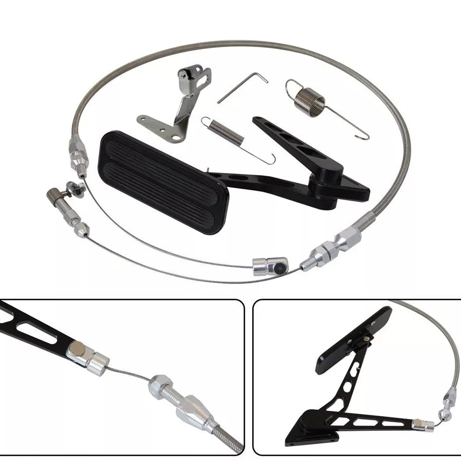 Billet Gas Pedal+ 24" Stainless Throttle Cable Bracket Spring Kit Hot Rod Black - 05ITD001CBK