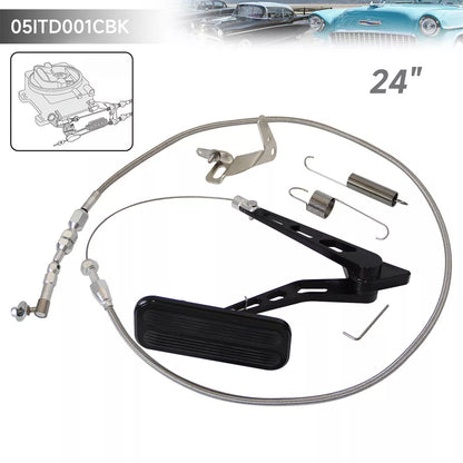 Billet Gas Pedal+ 24" Stainless Throttle Cable Bracket Spring Kit Hot Rod Black - 05ITD001CBK