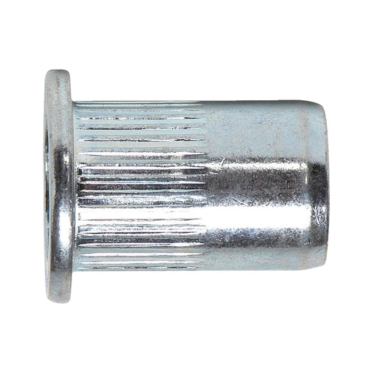 Rivet nut with flat head and knurled shank M6