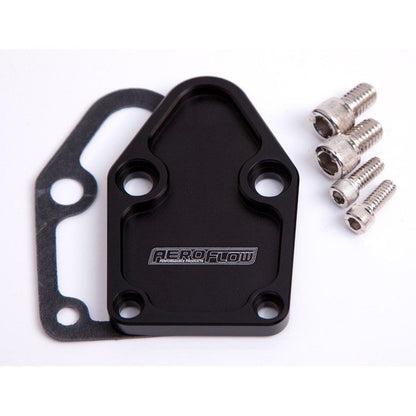 AF64-2028BLK - Aeroflow billet fuel pump block off plate fits chev SB black - SS Racetech Rods & Customs