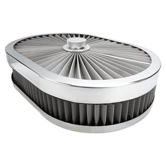 PFEAF-300076S Proflow Air Filter Assembly Flow Top Oval Stainless Steel 12in. x 9in. x 3in. Suit 5-1/8in. Flat Base - SS Racetech Rods & Customs