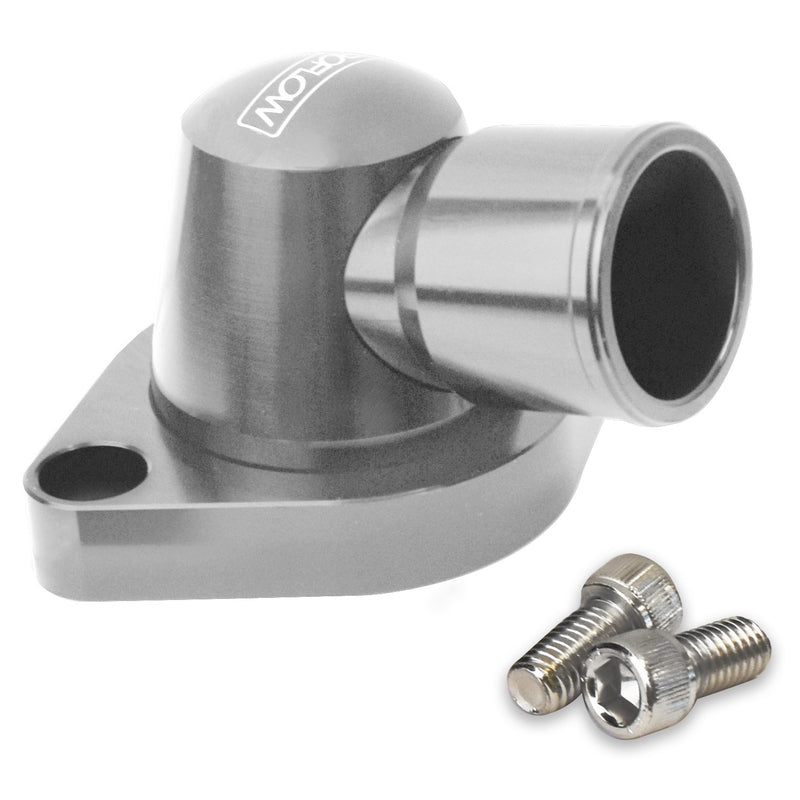 PFETH-803S Proflow Water Neck, Billet Aluminium Swivel, Silver Anodised, 90 Degree, SB & BB Chev